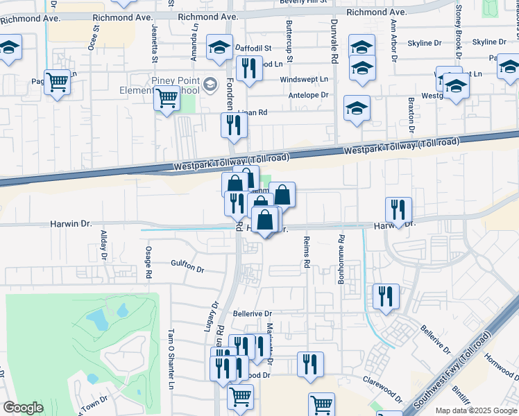 map of restaurants, bars, coffee shops, grocery stores, and more near 7636 Harwin Drive in Houston