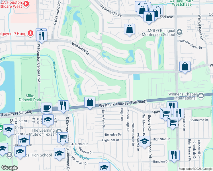 map of restaurants, bars, coffee shops, grocery stores, and more near 11503 Saint Germain Way in Houston
