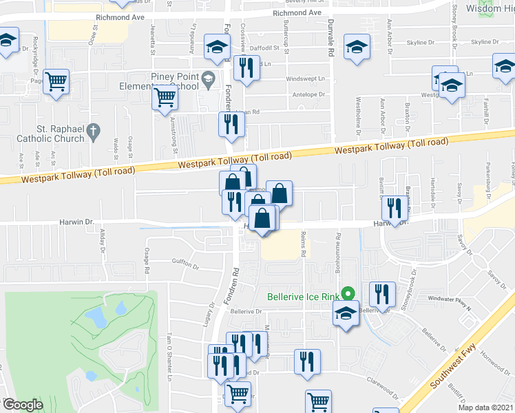 map of restaurants, bars, coffee shops, grocery stores, and more near 7636 Harwin Drive in Houston