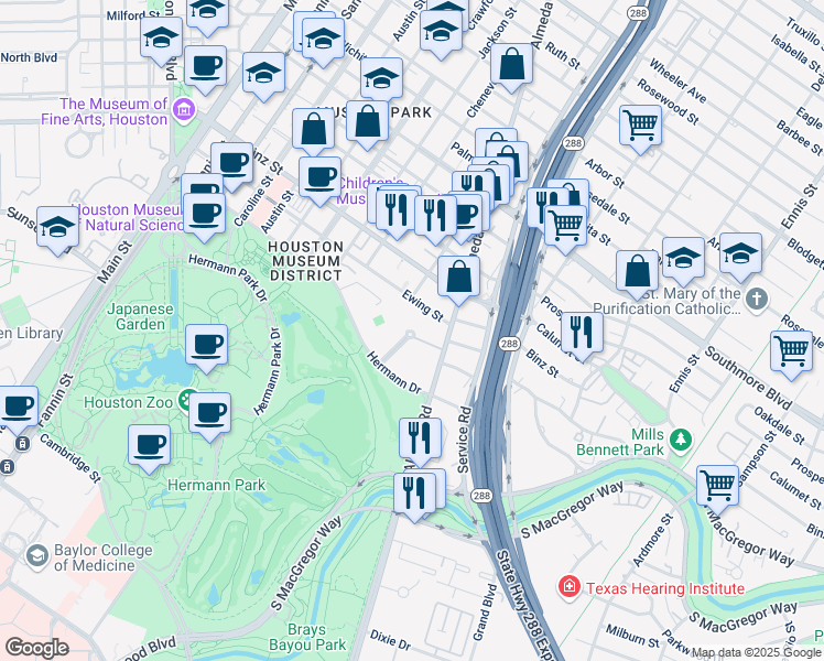 map of restaurants, bars, coffee shops, grocery stores, and more near 8 Hermann Museum Circle Drive in Houston