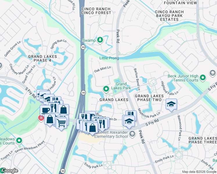 map of restaurants, bars, coffee shops, grocery stores, and more near 5110 Grand Vista Lane in Katy