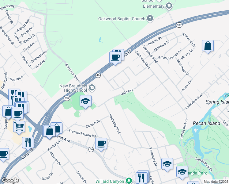 map of restaurants, bars, coffee shops, grocery stores, and more near 317 Briarwood Drive in New Braunfels