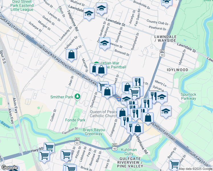 map of restaurants, bars, coffee shops, grocery stores, and more near 5512 Gulf Freeway in Houston