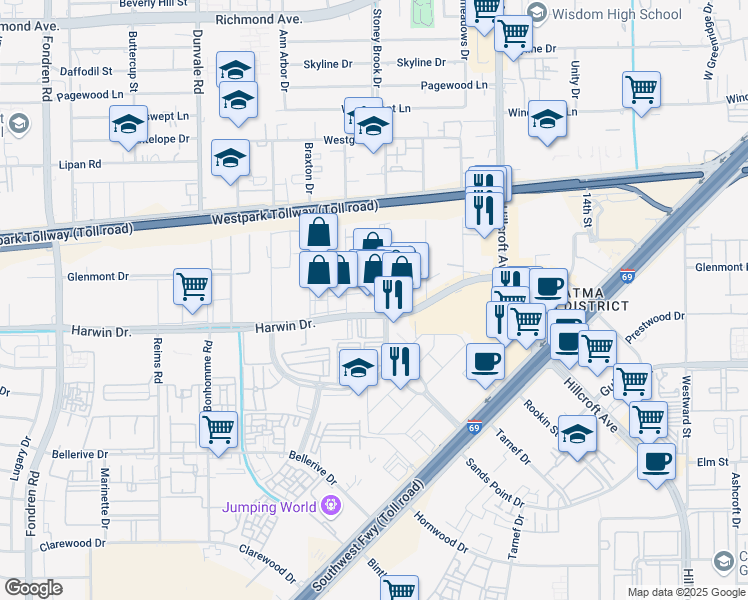 map of restaurants, bars, coffee shops, grocery stores, and more near 5700 Savoy Drive in Houston