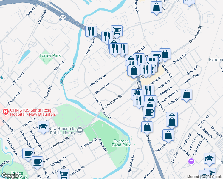 map of restaurants, bars, coffee shops, grocery stores, and more near 1244 Hillcrest Drive in New Braunfels