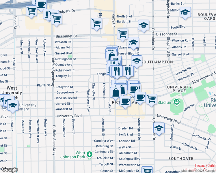 map of restaurants, bars, coffee shops, grocery stores, and more near 5916 Lake Street in Houston