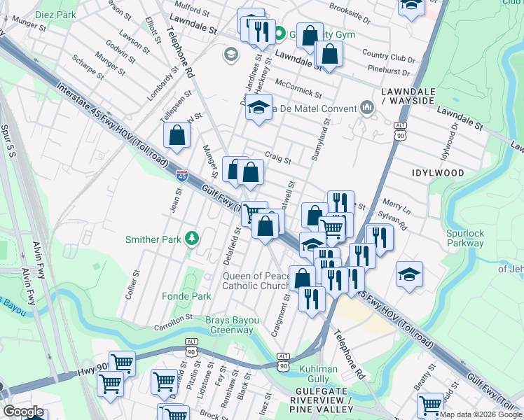 map of restaurants, bars, coffee shops, grocery stores, and more near 5612 Harriet Street in Houston