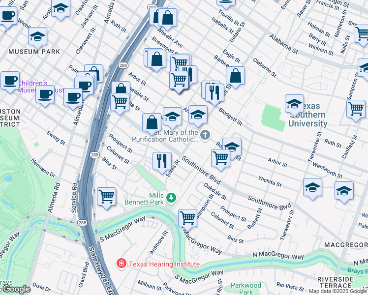 map of restaurants, bars, coffee shops, grocery stores, and more near 2909 Wichita Street in Houston