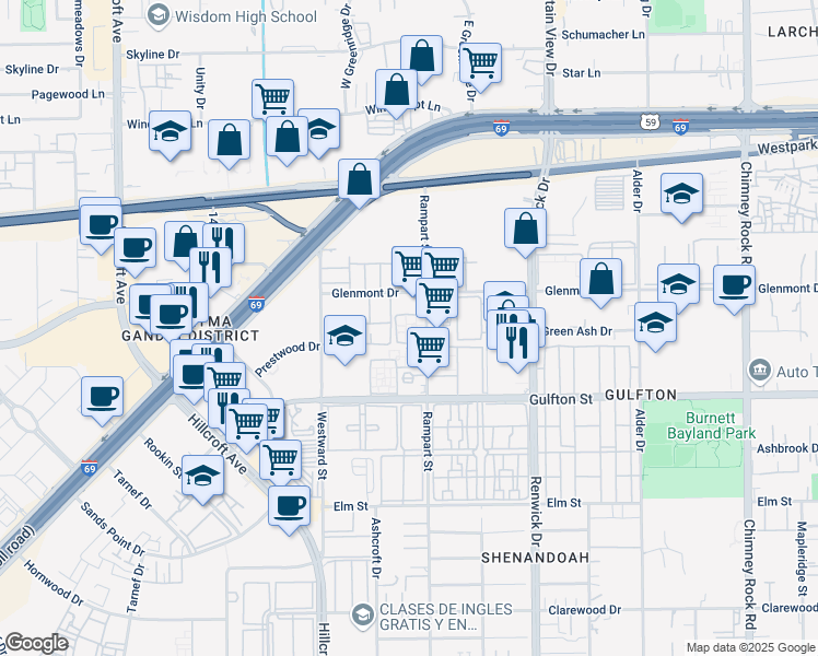 map of restaurants, bars, coffee shops, grocery stores, and more near 6103 Glenmont Drive in Houston