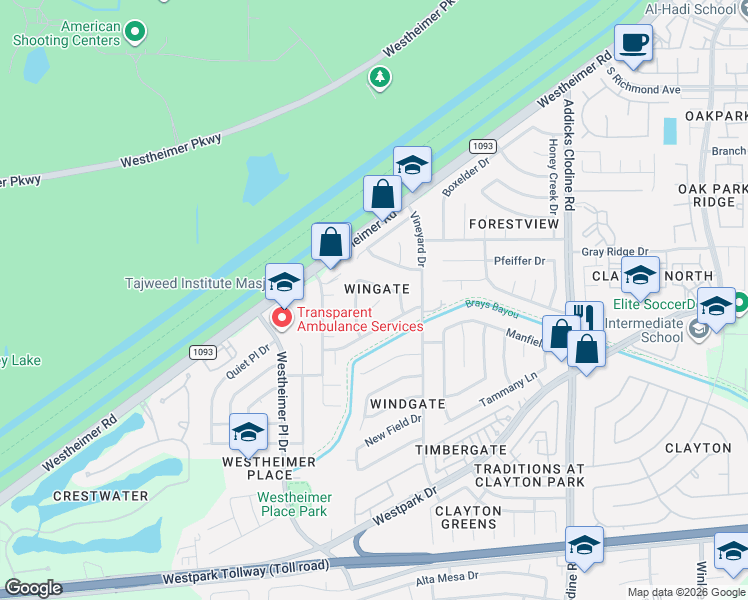 map of restaurants, bars, coffee shops, grocery stores, and more near 16106 Glen Mar Drive in Houston