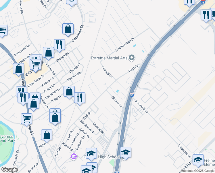 map of restaurants, bars, coffee shops, grocery stores, and more near 1843 Post Road in New Braunfels