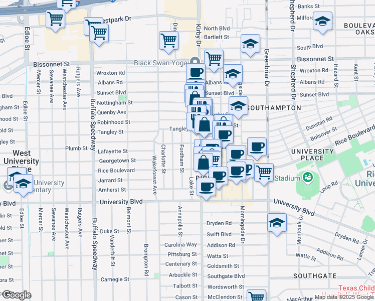 map of restaurants, bars, coffee shops, grocery stores, and more near 5916 Lake Street in Houston
