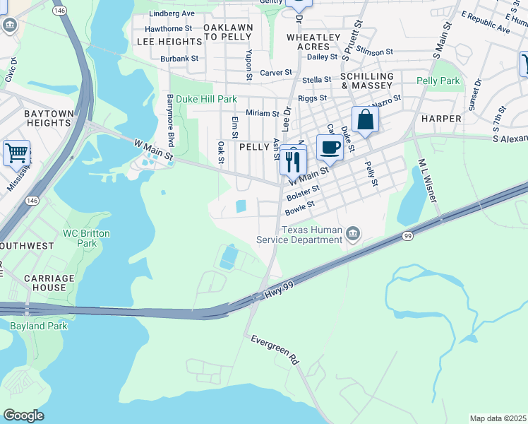 map of restaurants, bars, coffee shops, grocery stores, and more near 806 Bolster Street in Baytown
