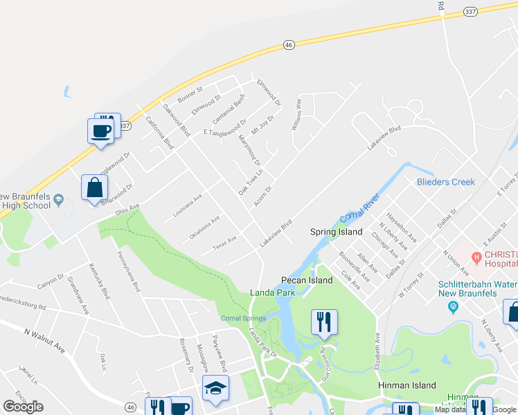 map of restaurants, bars, coffee shops, grocery stores, and more near 304 Acorn Drive in New Braunfels