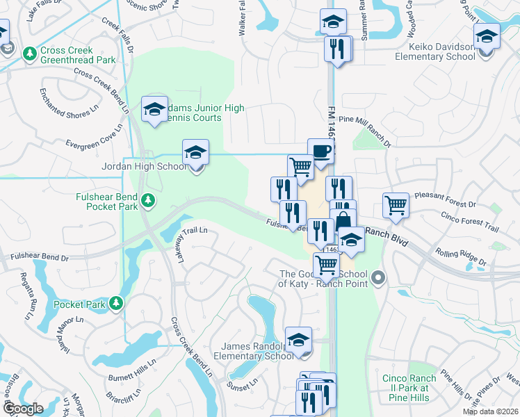 map of restaurants, bars, coffee shops, grocery stores, and more near 27120 Fulshear Bend Drive in Fulshear