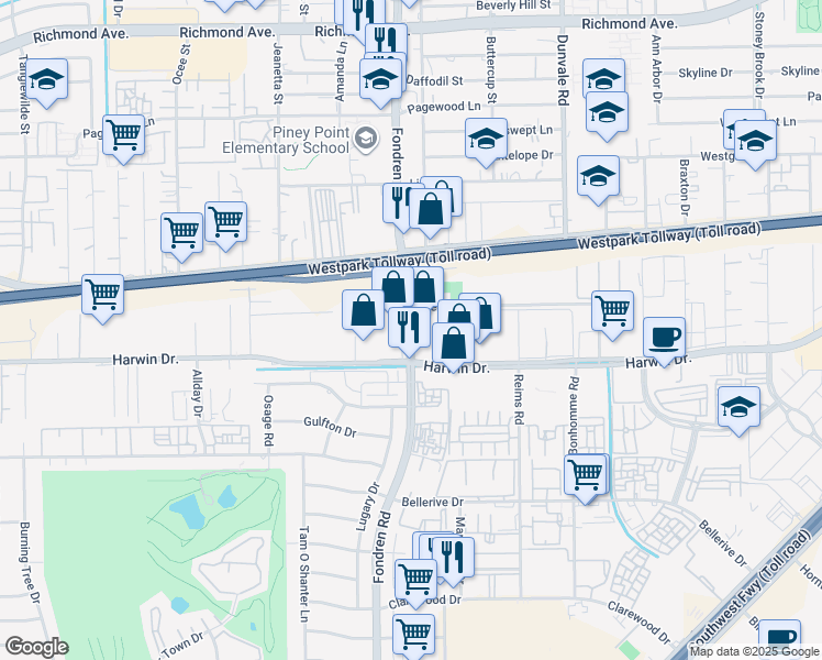 map of restaurants, bars, coffee shops, grocery stores, and more near 5725 Fondren Road in Houston
