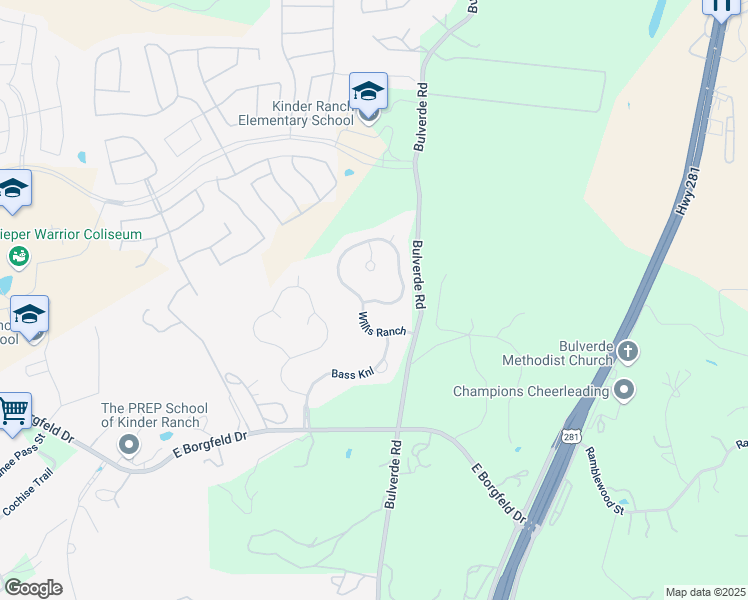 map of restaurants, bars, coffee shops, grocery stores, and more near Willis Ranch in San Antonio