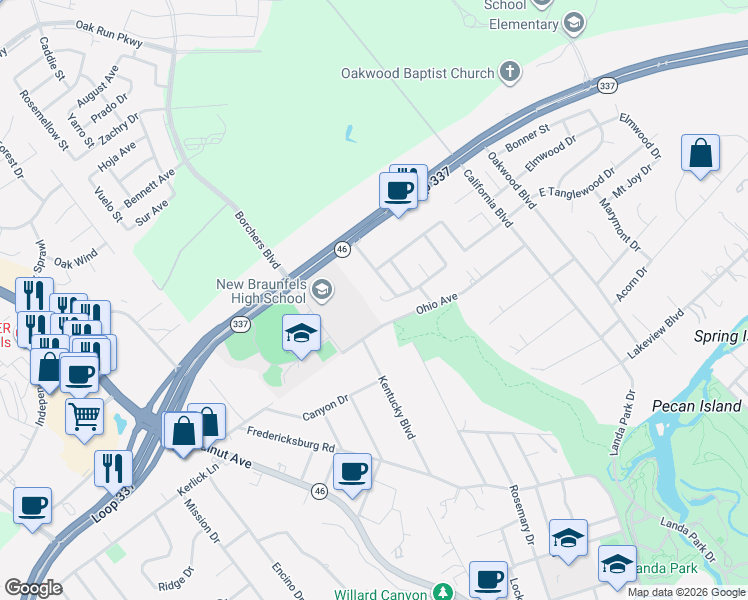map of restaurants, bars, coffee shops, grocery stores, and more near 301 Castlewood Drive in New Braunfels