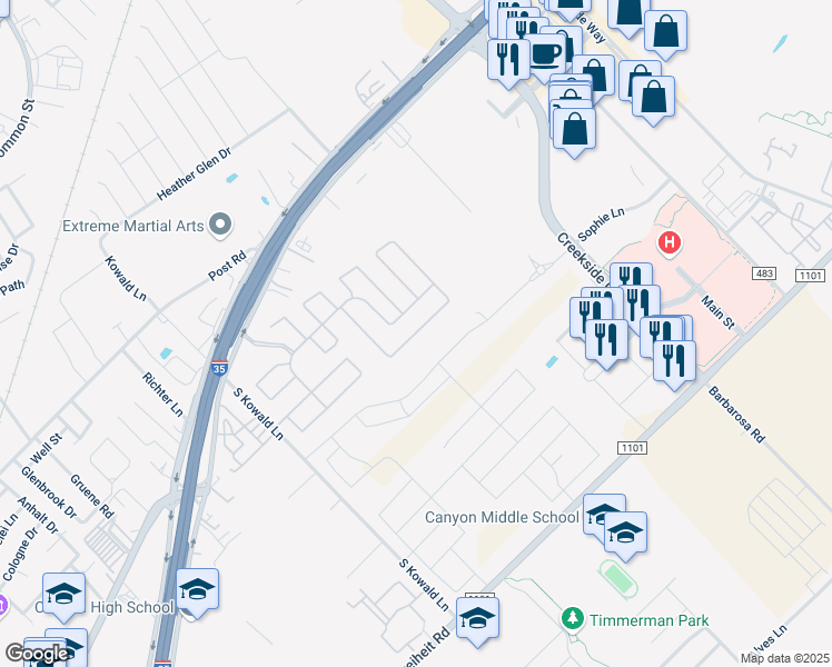 map of restaurants, bars, coffee shops, grocery stores, and more near 180 Dove Crest Loop in New Braunfels