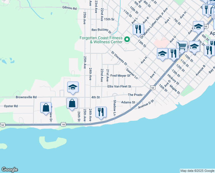 map of restaurants, bars, coffee shops, grocery stores, and more near 144 21st Avenue in Apalachicola