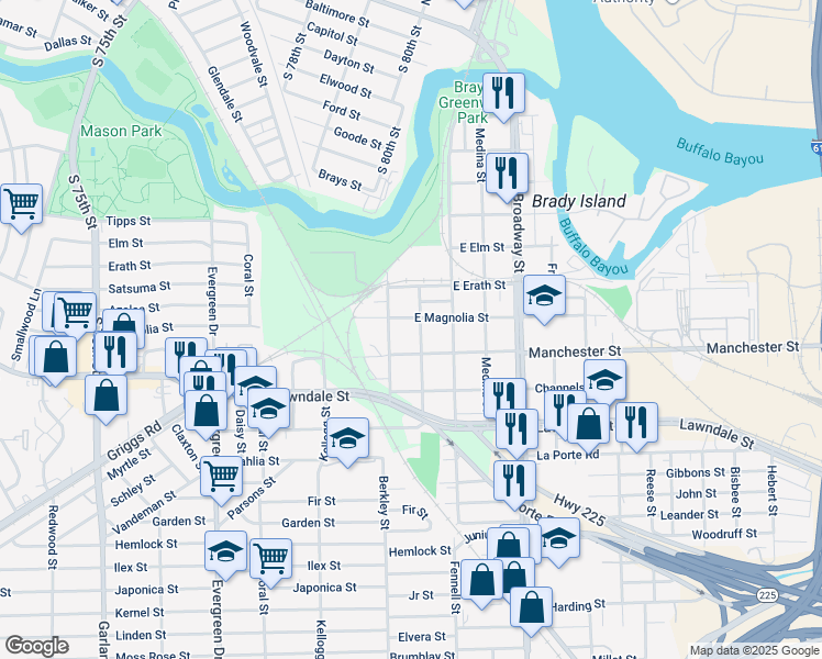 map of restaurants, bars, coffee shops, grocery stores, and more near 7721 East Magnolia Street in Houston