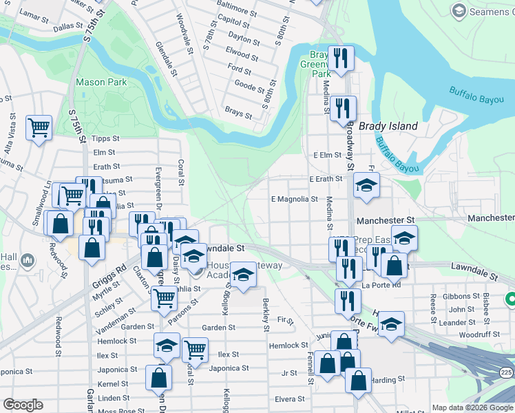 map of restaurants, bars, coffee shops, grocery stores, and more near 7607 East Magnolia Street in Houston