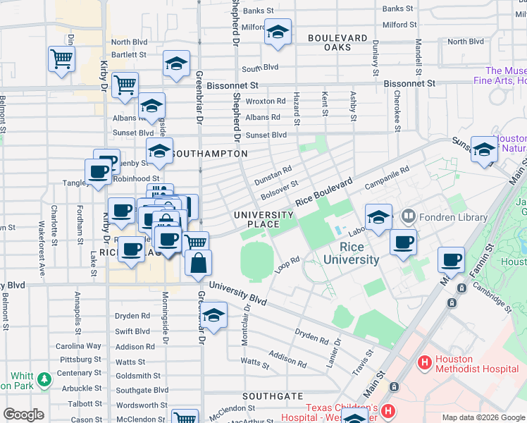 map of restaurants, bars, coffee shops, grocery stores, and more near 2131 Bolsover Street in Houston