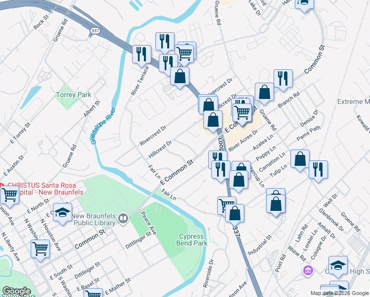 map of restaurants, bars, coffee shops, grocery stores, and more near 1244 Hillcrest Drive in New Braunfels