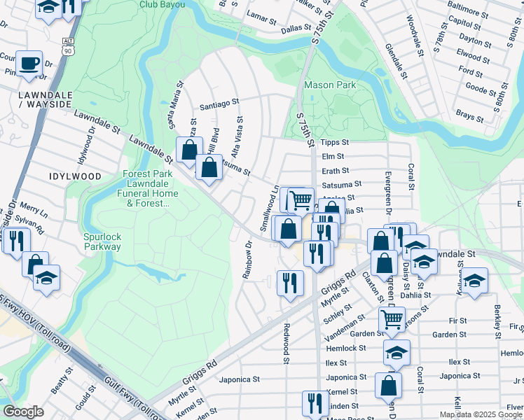 map of restaurants, bars, coffee shops, grocery stores, and more near 2035 Santa Rosa Street in Houston