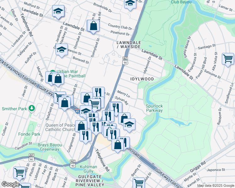 map of restaurants, bars, coffee shops, grocery stores, and more near 6605 Merry Lane in Houston