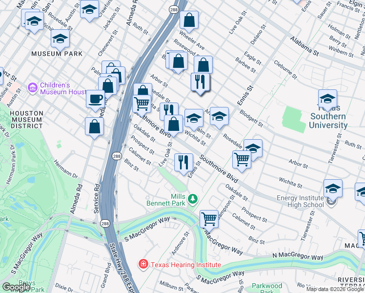 map of restaurants, bars, coffee shops, grocery stores, and more near 2901 Southmore Boulevard in Houston