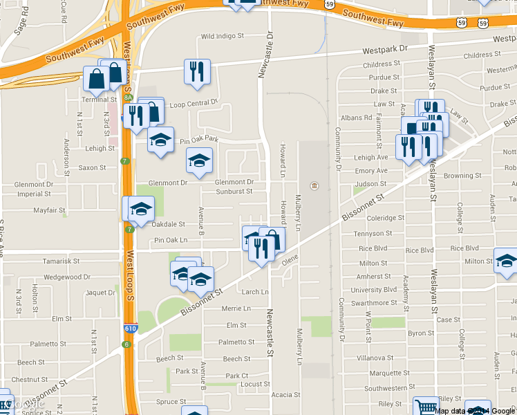 map of restaurants, bars, coffee shops, grocery stores, and more near 118 Phanturn Lane in Bellaire