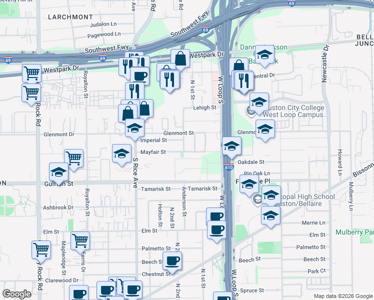map of restaurants, bars, coffee shops, grocery stores, and more near 1112 Colonial Street in Bellaire