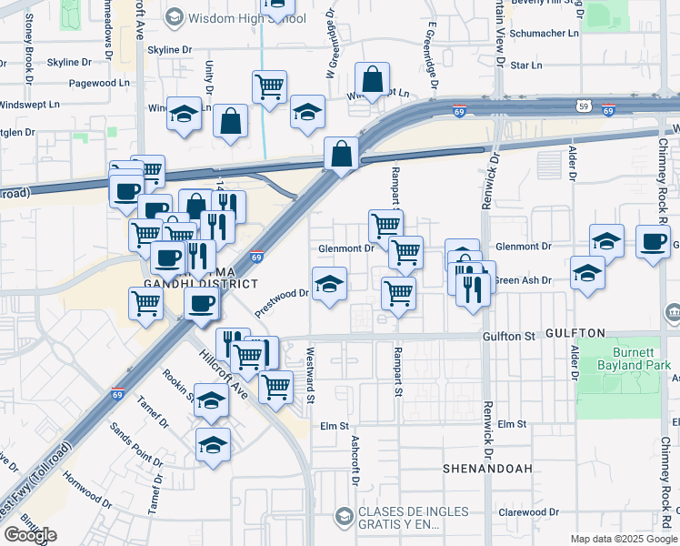 map of restaurants, bars, coffee shops, grocery stores, and more near 140 Glenmont Drive in Houston