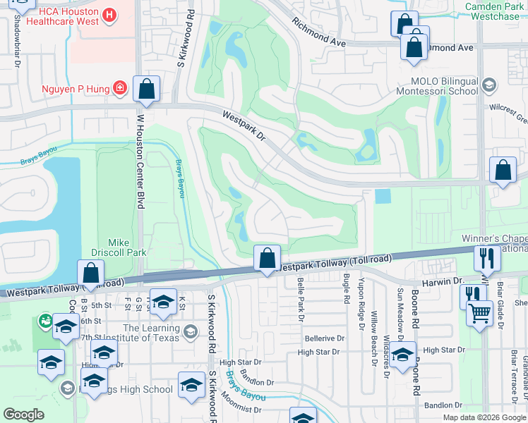 map of restaurants, bars, coffee shops, grocery stores, and more near 3503 Saint Tropez Way in Houston