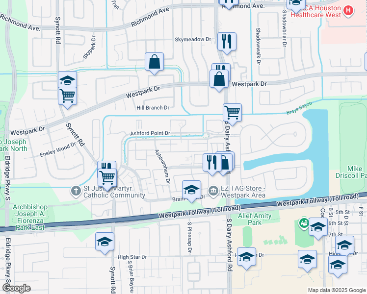 map of restaurants, bars, coffee shops, grocery stores, and more near 31 Ashford Point Drive in Houston