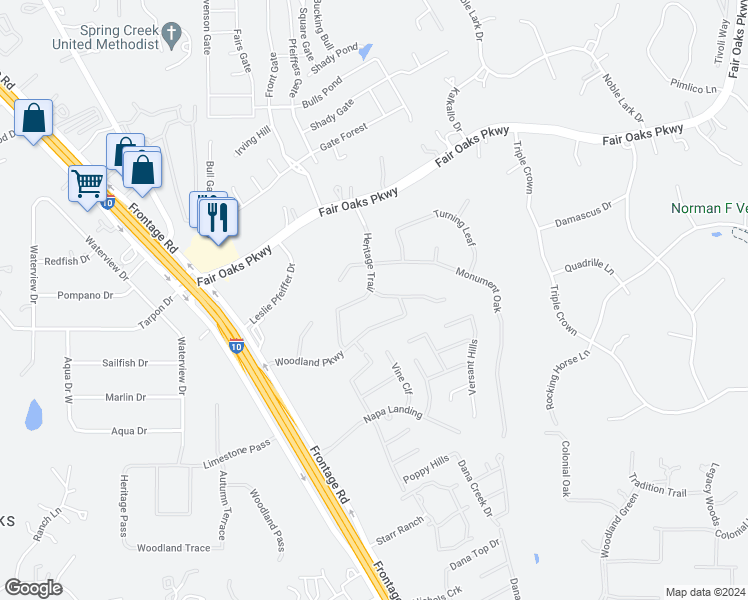 map of restaurants, bars, coffee shops, grocery stores, and more near 28226 Heritage Trail in Boerne