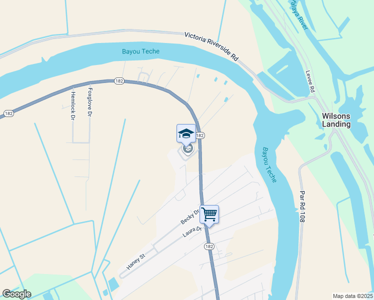 map of restaurants, bars, coffee shops, grocery stores, and more near 2525 Louisiana 182 in Patterson