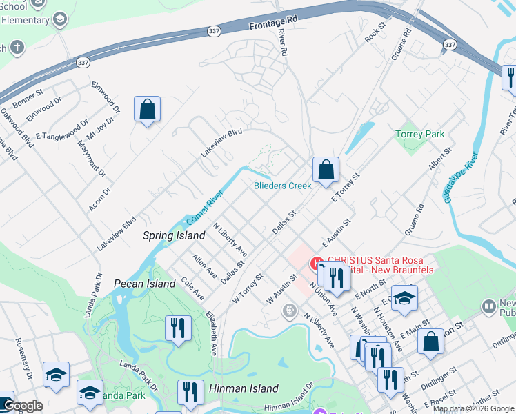 map of restaurants, bars, coffee shops, grocery stores, and more near 1015 North Houston Avenue in New Braunfels