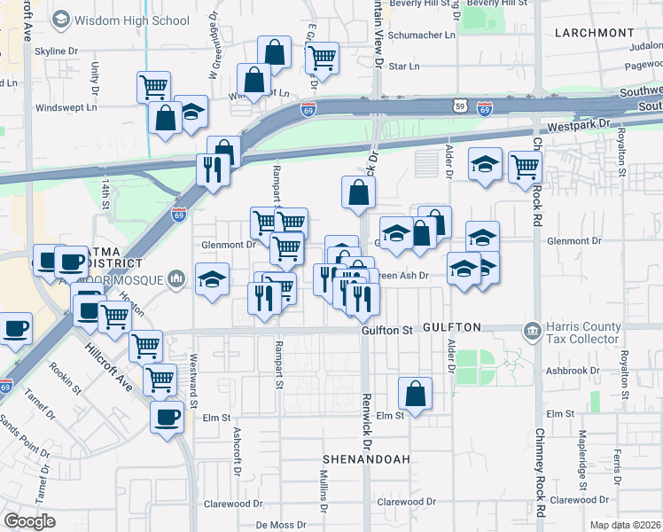 map of restaurants, bars, coffee shops, grocery stores, and more near 6039 Glenmont Drive in Houston