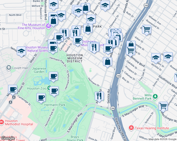 map of restaurants, bars, coffee shops, grocery stores, and more near 1699 Hermann Drive in Houston