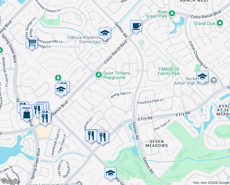 map of restaurants, bars, coffee shops, grocery stores, and more near 5127 Raven Forest Lane in Katy