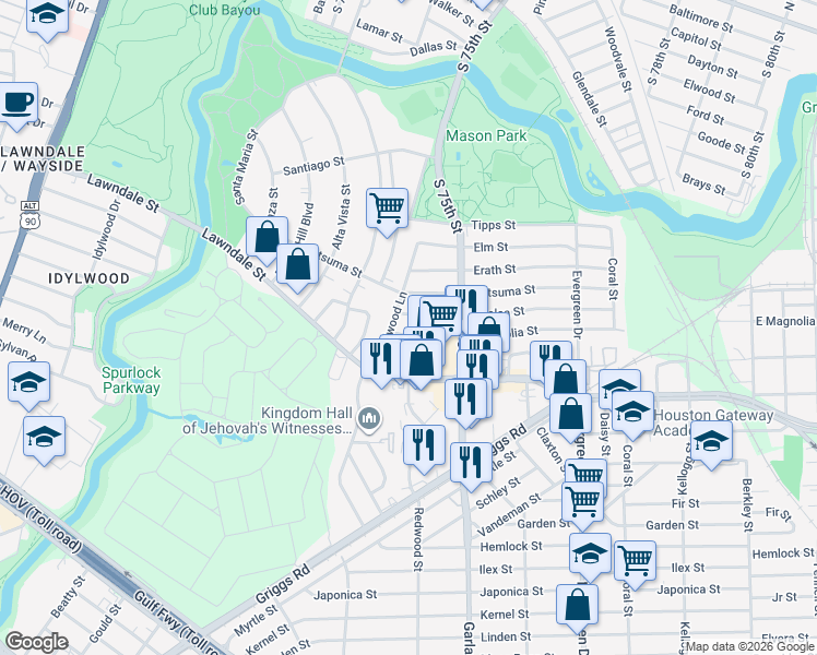 map of restaurants, bars, coffee shops, grocery stores, and more near 7420 Azalea Street in Houston