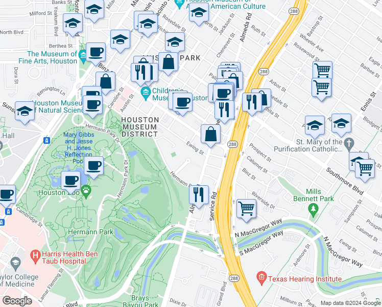 map of restaurants, bars, coffee shops, grocery stores, and more near 5622 Chartres Street in Houston