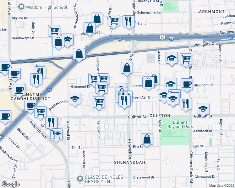 map of restaurants, bars, coffee shops, grocery stores, and more near 6039 Glenmont Drive in Houston