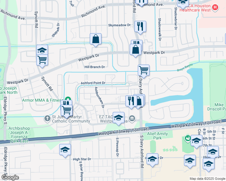 map of restaurants, bars, coffee shops, grocery stores, and more near 31 Ashford Point Drive in Houston