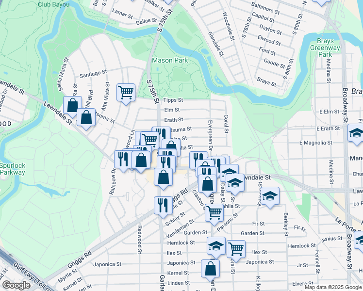 map of restaurants, bars, coffee shops, grocery stores, and more near 7530 Azalea Street in Houston
