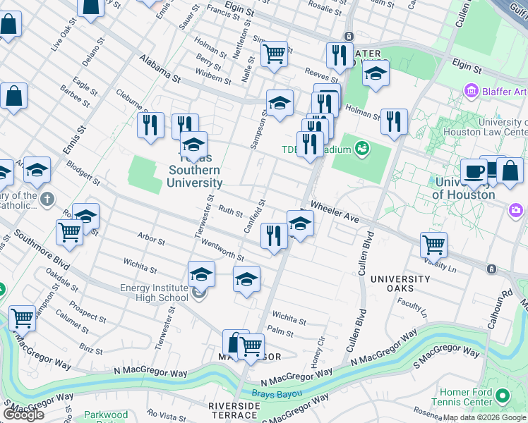 map of restaurants, bars, coffee shops, grocery stores, and more near 3604 Rosewood Street in Houston