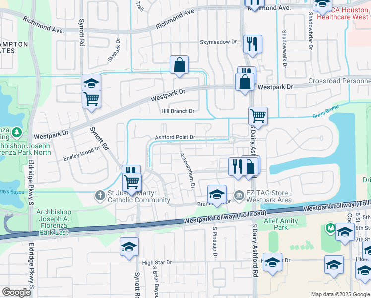 map of restaurants, bars, coffee shops, grocery stores, and more near 12777 Ashford Point Drive in Houston