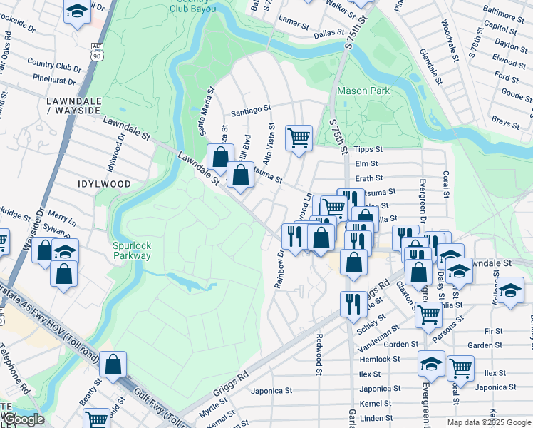 map of restaurants, bars, coffee shops, grocery stores, and more near 2032 Pasadena Street in Houston